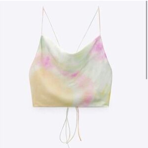 NWT Zara Satin Effect Top M Pastel Tie Dye Backless Crop Blogger Fav*